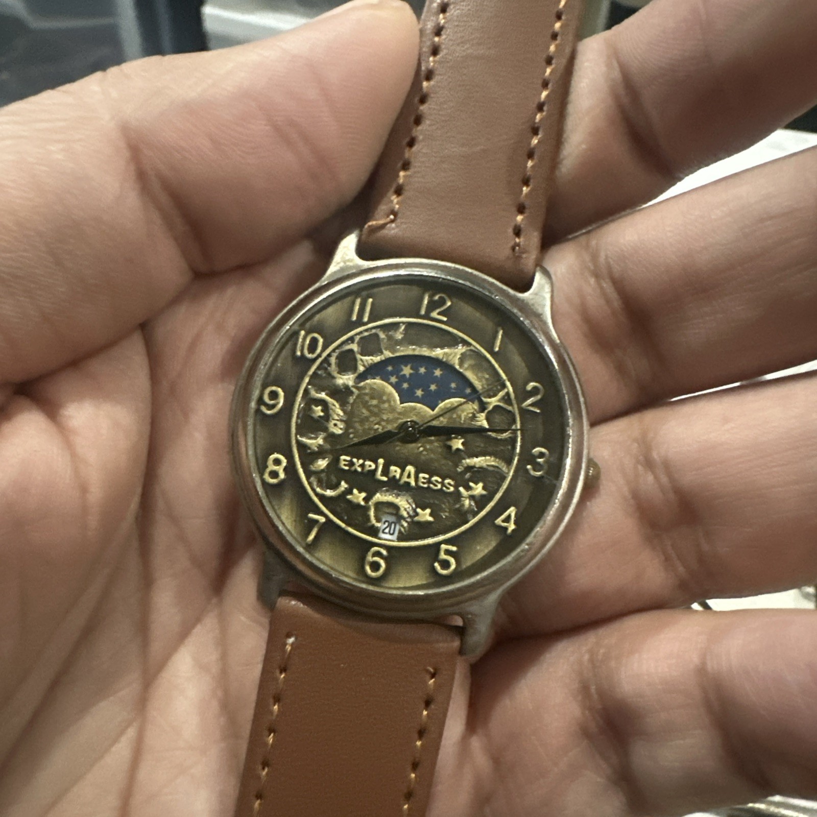 Working LA Express Moonphase Quartz Men’s Watch New Brown Band 36mm Fit 7.5