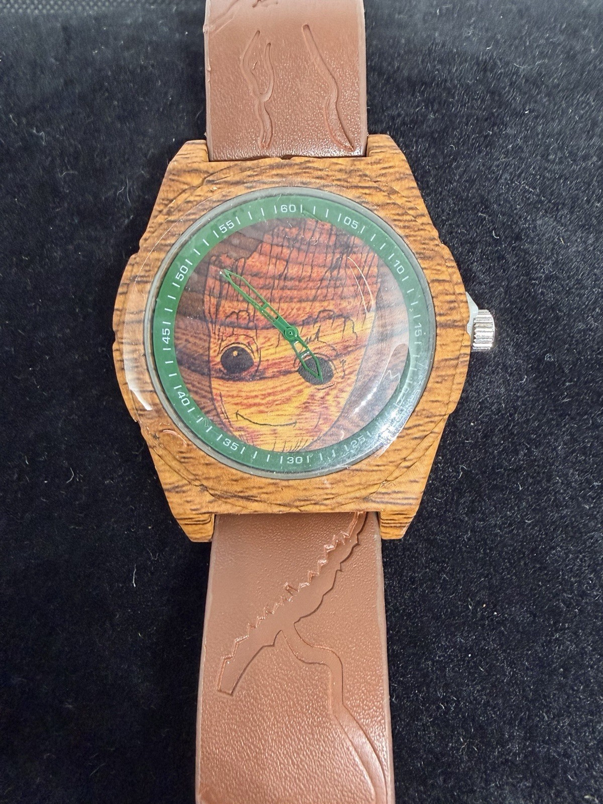Marvel Groot Wood Case Quartz Analog Watch Brown Leather Strap 35mm Green Bezel