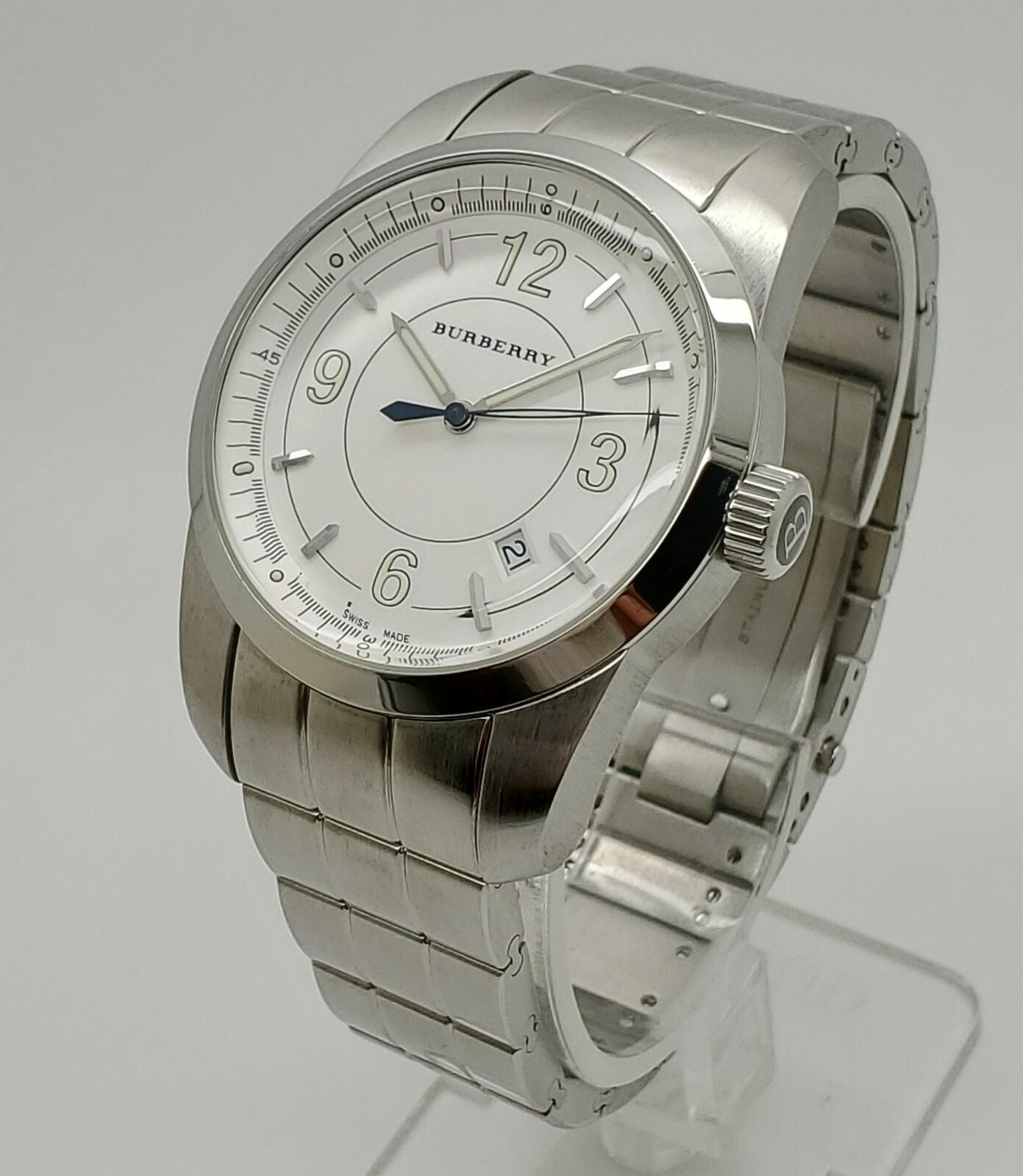 Burberry BU7301 Silver Tone White Date Dial Mens Swiss Made Dress Watch
