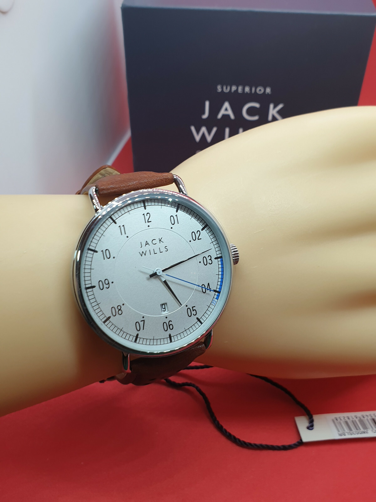 mens jack wills chrome watch with date display 3atm,brown tan strap new in box.