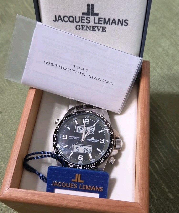 Mens Jacques Lemans 1241 Digital Analog Stainless Steel Watch 44mm New Battery