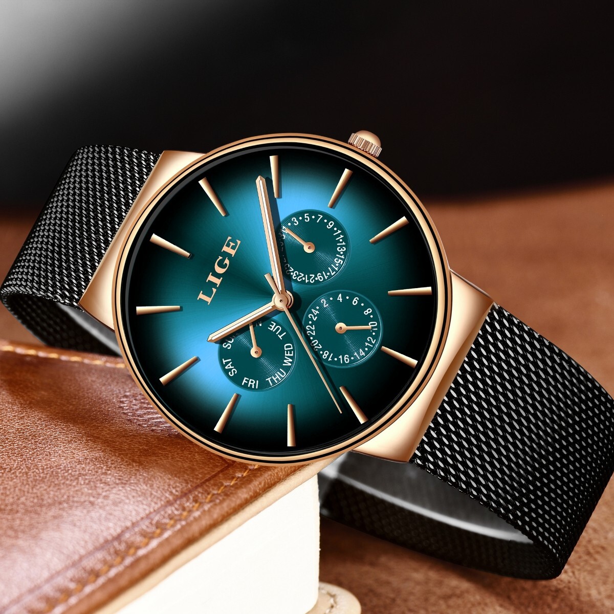 Men’s Daily Watch Quartz Analog Date Week Dial Waterproof Mesh Strap Wristwatch
