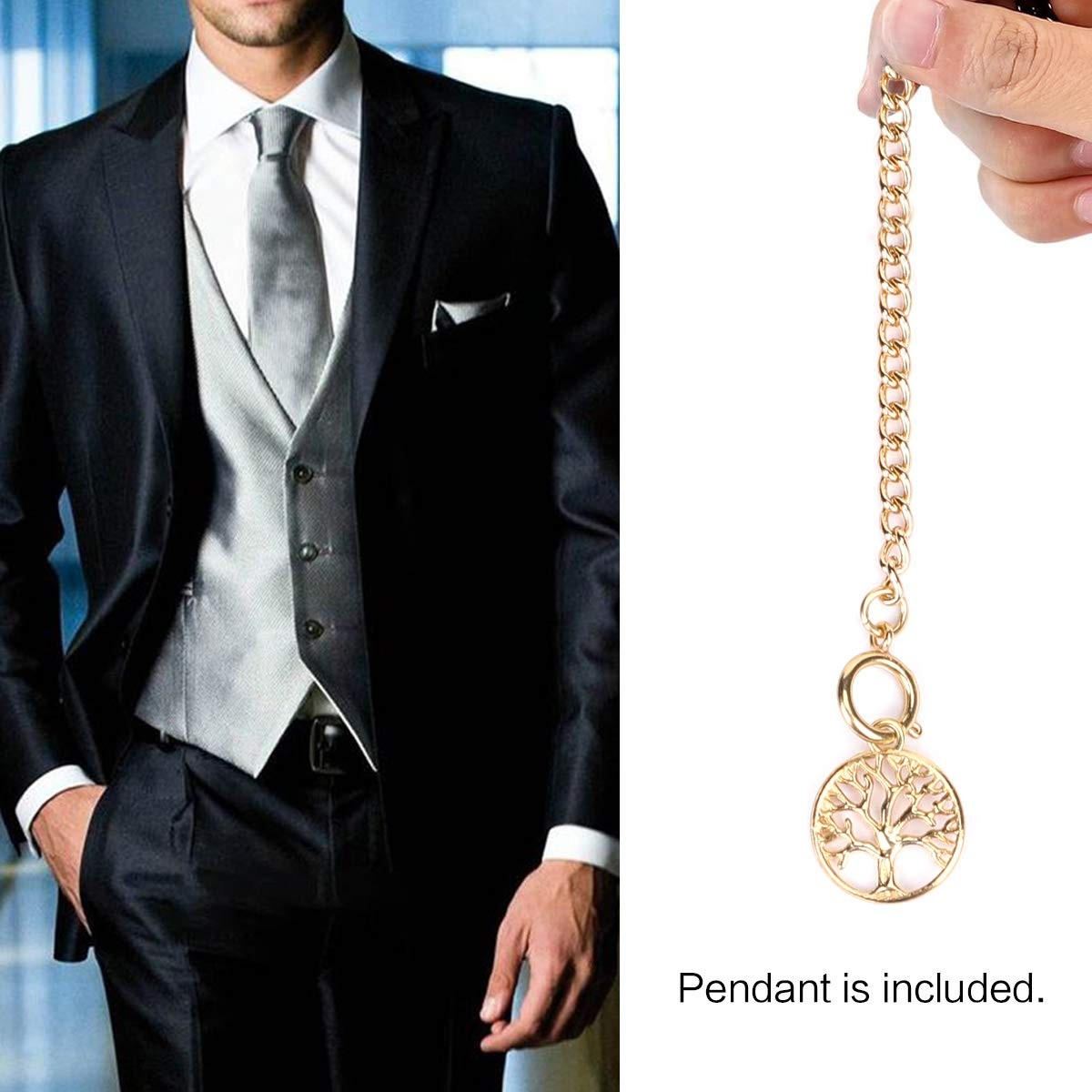 SIBOSUN Pocket Watch with Double Albert Chain, T Bar Chain and Gold