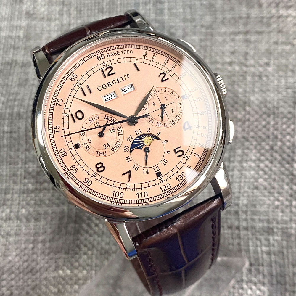 42mm corgeut sterile pink dial day multifunction Sea-gull automatic mens watch