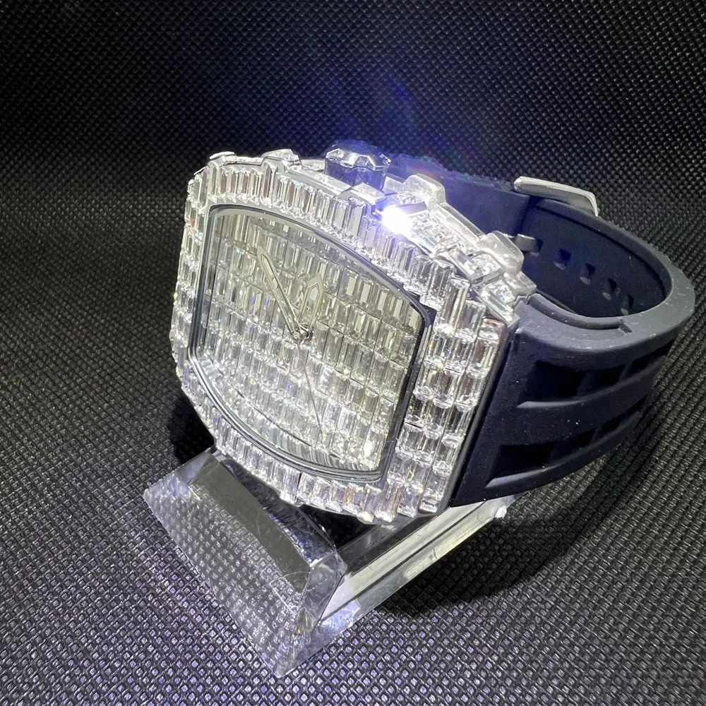 Fashion Tonneau Diamond Bling Men’s Watch Waterproof Rubber Band Gift