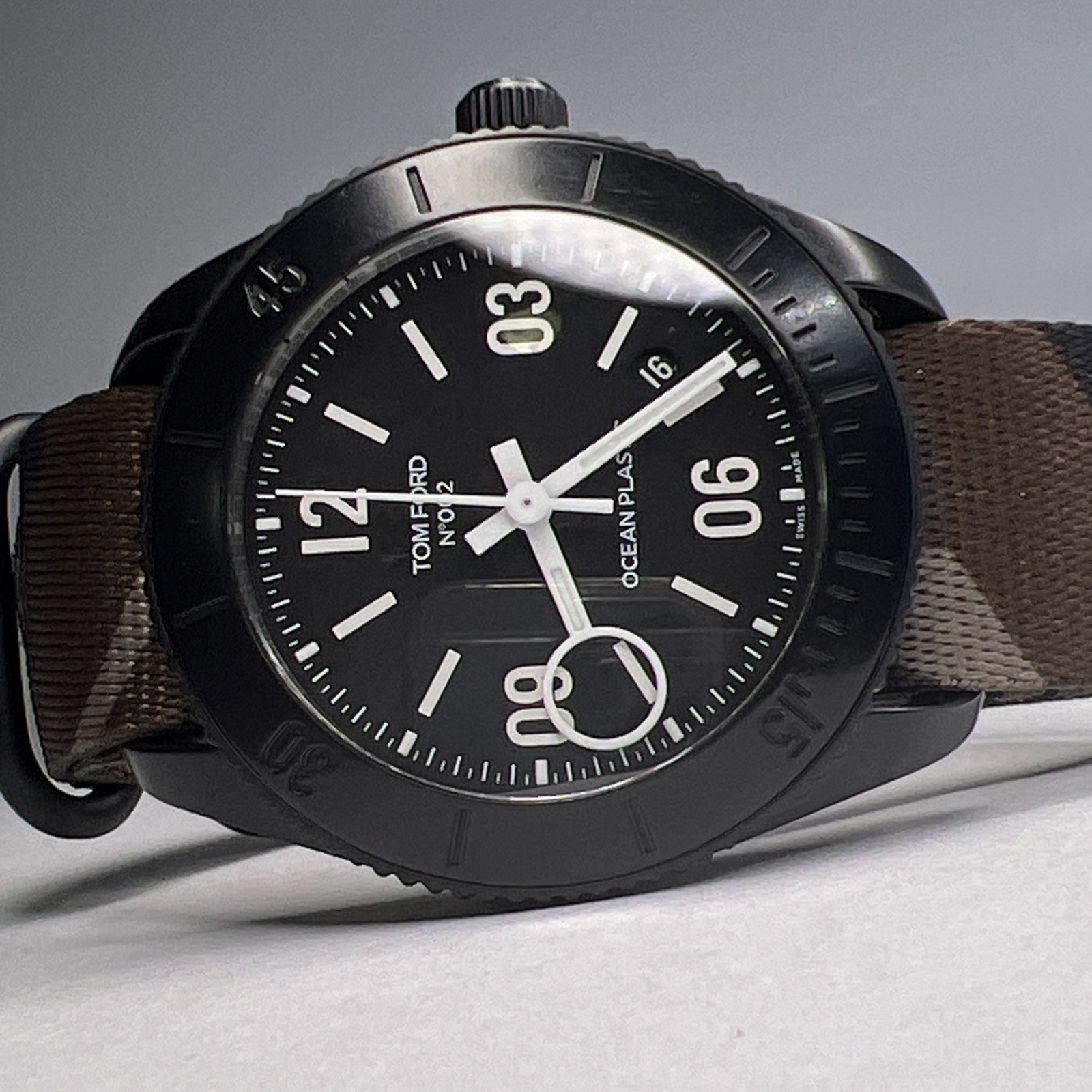 Tom Ford 43mm Black Ocean Plastic Swiss Automatic Date Watch Brown Camo Strap