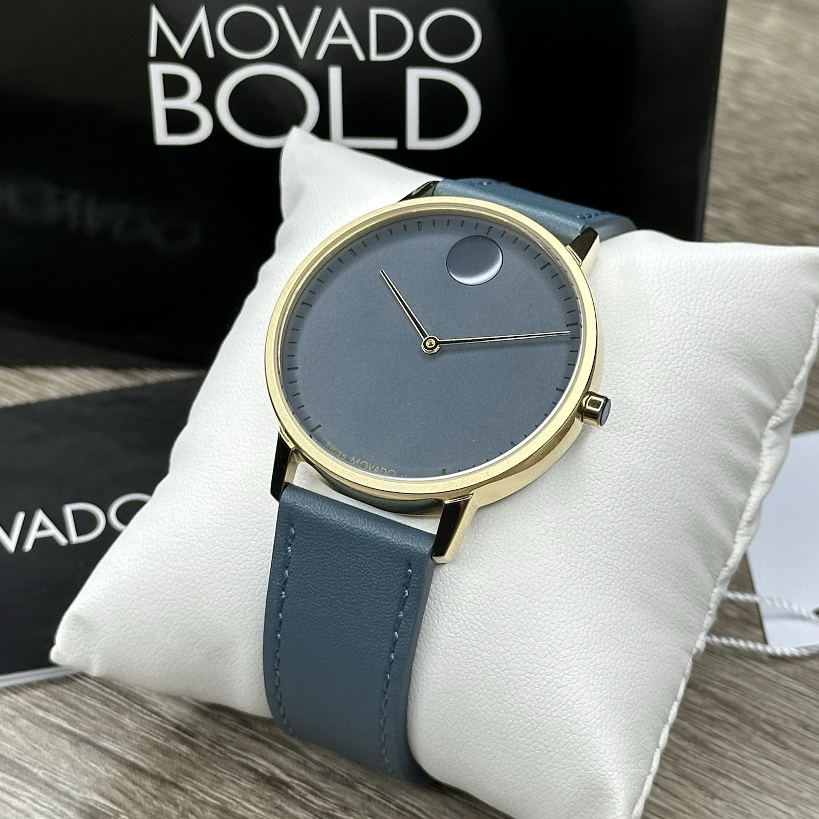 NEW✅SWISS✅ Movado FACE Gray Dial Teal Blue Leather 41mm Gold Men’s Watch 3640124