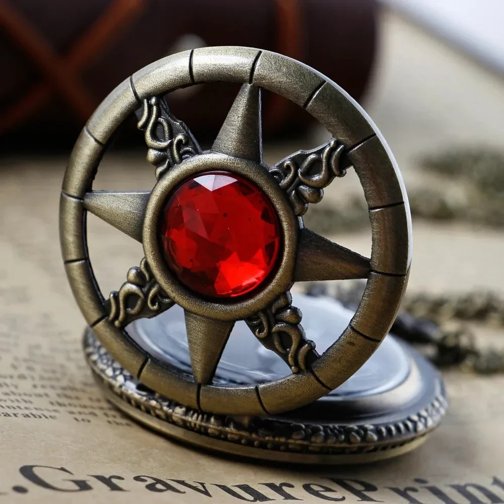Steampunk Red Gem Compass Pocket Watch Necklace – Antique Bronze Pendant