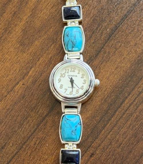 New Watch, Women’s Quarts, Geneva, Silver Tone with Multi Colored Stone Bracelet
