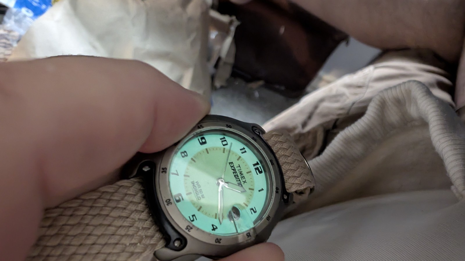 Timex Expedition WR50M Indiglo Date Cream Dial One-Piece Strap Watch