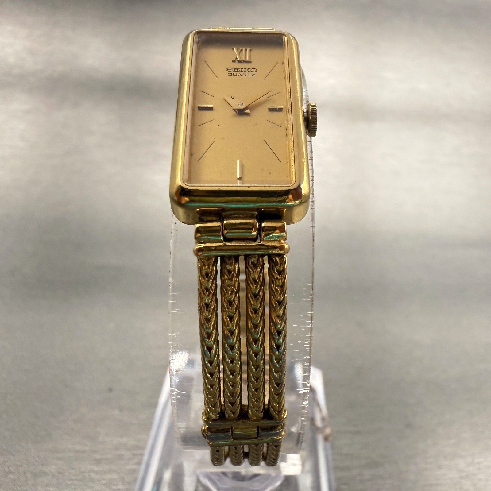 Seiko Tank Watch Women 13mm Gold Dial Gold Tone Rectangle 1320-5979 New Battery