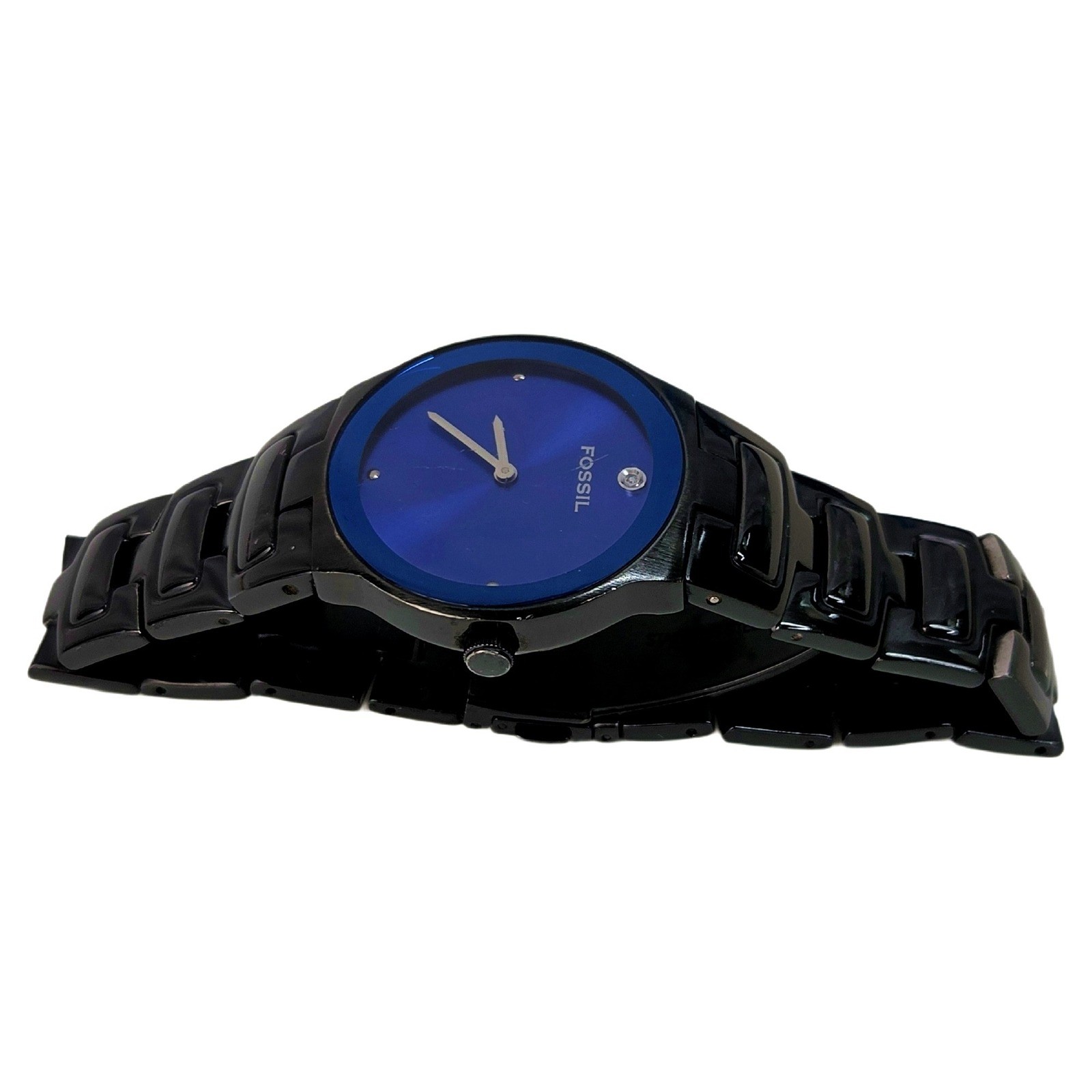 Fossil Arkitekt FS-4281 Black Steel Watch Blue Dial Diamond Accent Mens 4281