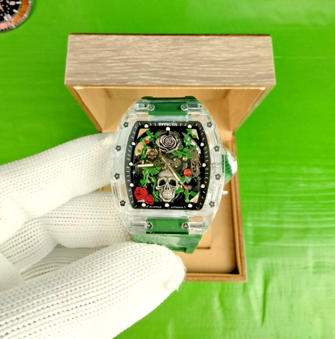 Invicta Roseskull Artist Automatic Men Watch 69497 K9 Glass Case Grn Strap WR30M