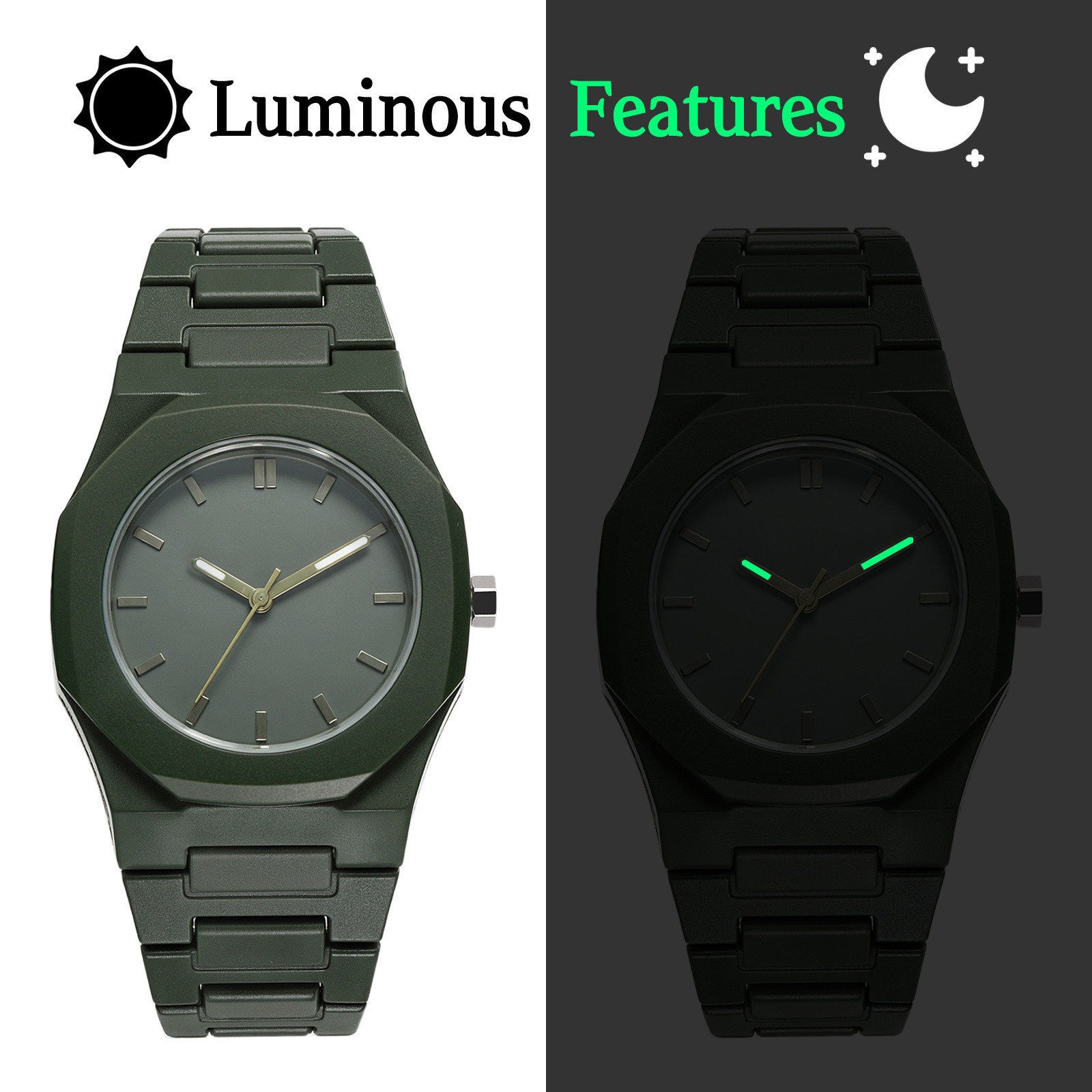 Men Luminous Octagon Dial Quartz Stainless Steel Blue Green Black Band Watch