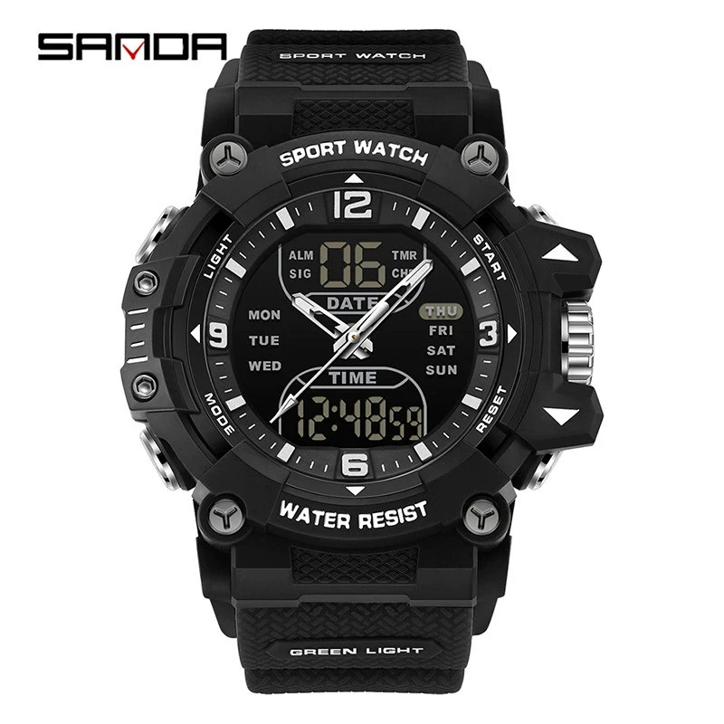 Trendy dual display dial multifunctional sports style quartz waterproof watch
