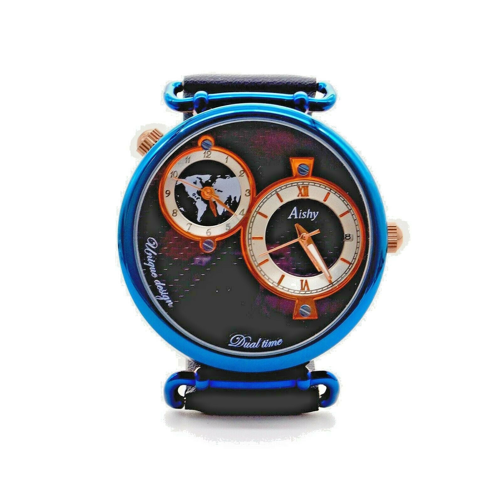 Men’s Watch: World Charterer Blue & Navy Leather. USA Shipping. New Sporty Look