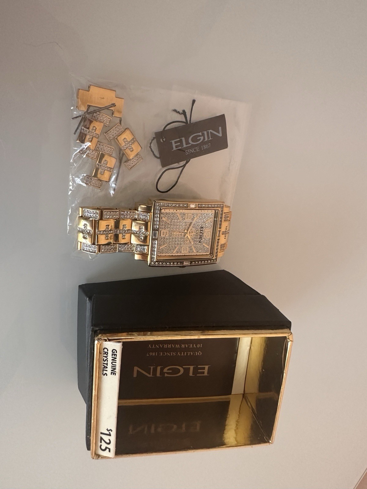 Elgin FG9051 Women Rectangular Gold Tone Crystal Cross NIB