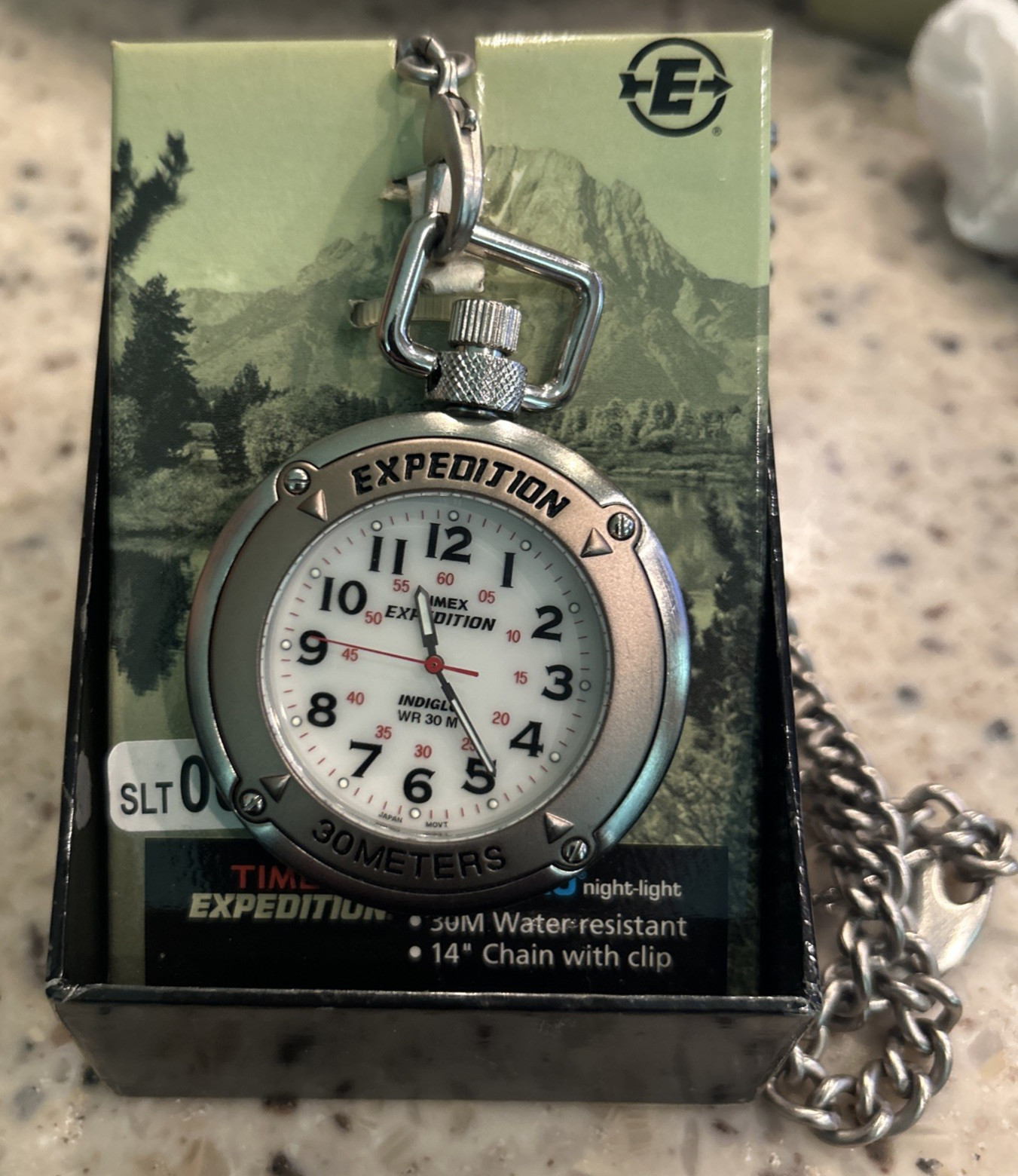 Vintage Timex Expedition Indiglo Pocket Watch Silver tone 30M WR 14″ chain