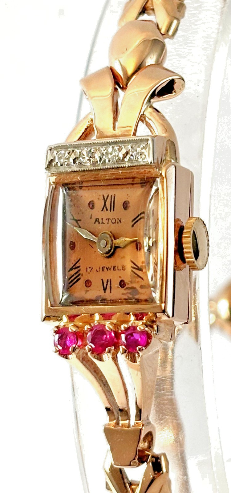 Vintage Alton Solid 14K Rose Gold Diamons Rubies Petite Cocktail Lady’s Watch