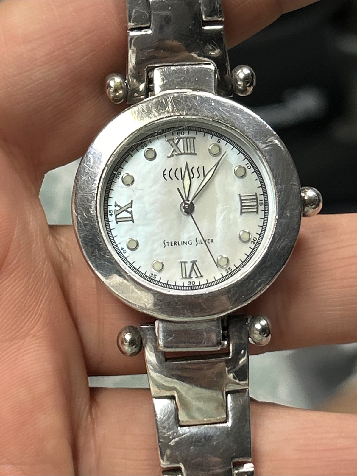 Solid 925 Ecclissi Sterling SilverWatchMother Of Pearl Dial Need Battery As Is