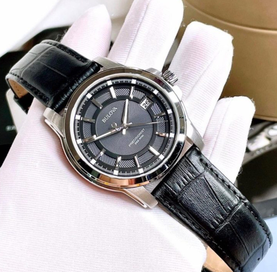 Bulova Gray Dial 96B158 Precisionist Silver Tone Black Leather Band Men’s Watch