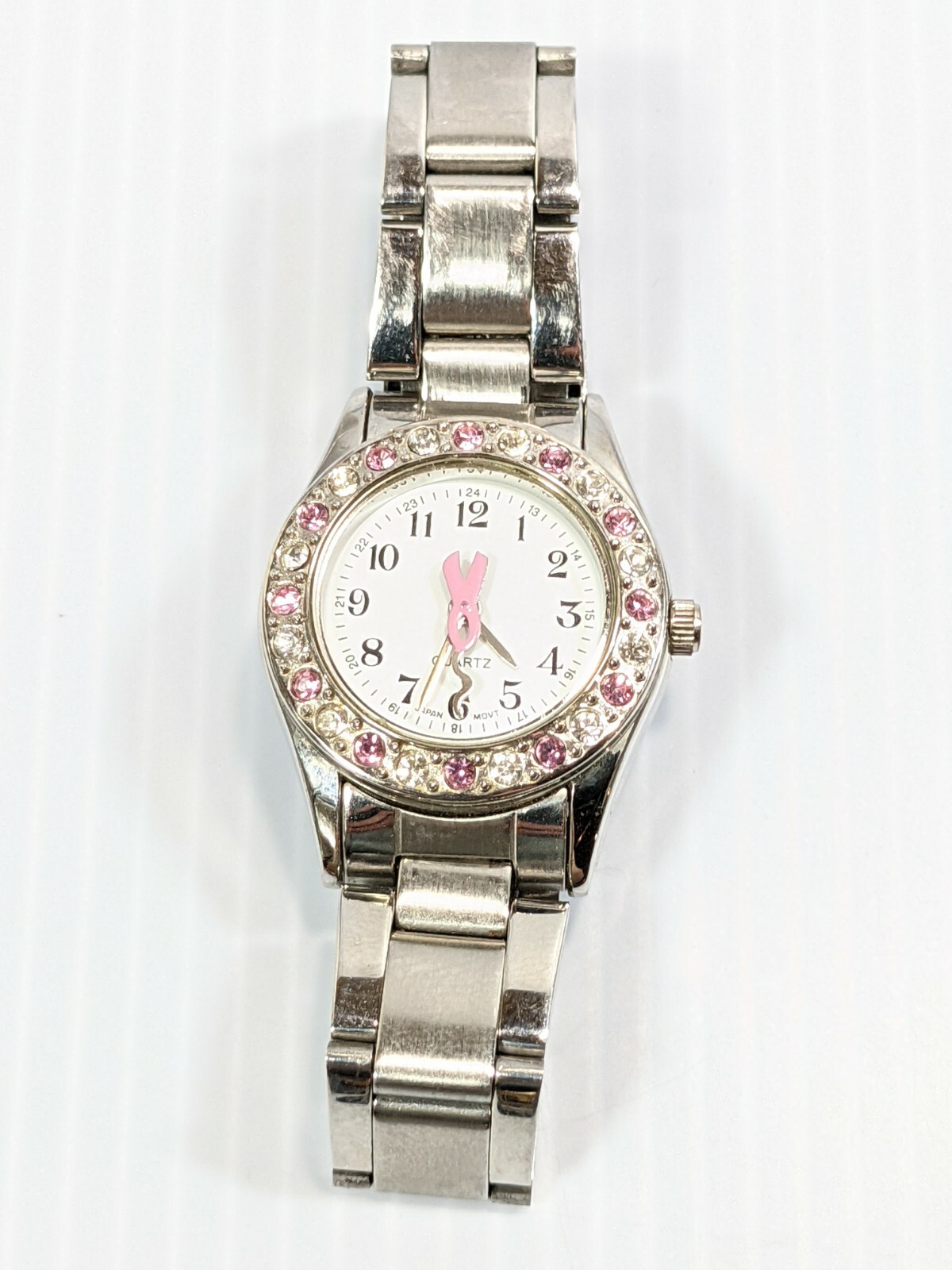 Scrub Stuff Silver Tone Pink Crystal Ribbon Awareness Women’s Watch 6 Inch