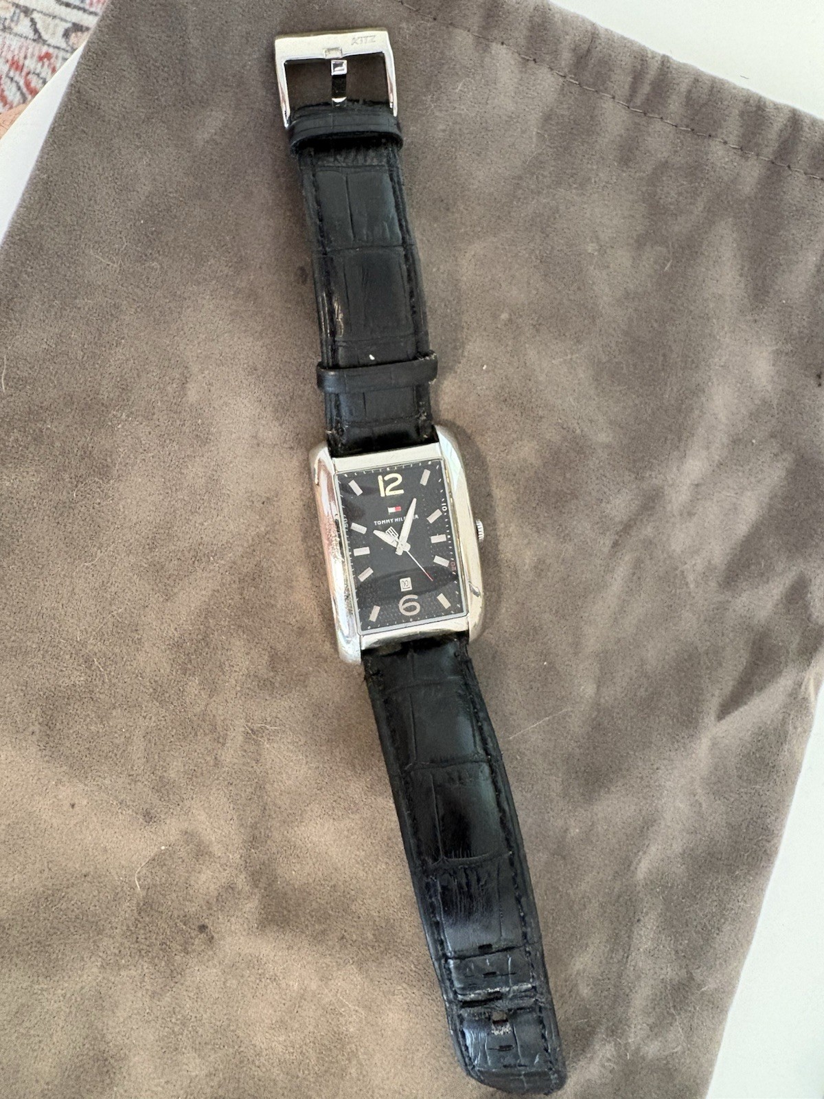 Tommy Hilfiger Men’s Rectangle Black Dial Quartz Date Leather Strap Watch 3ATM