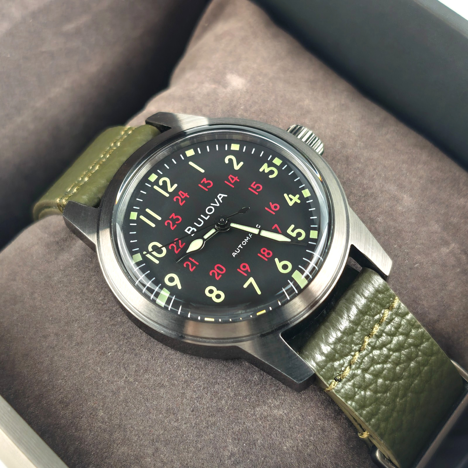 Bulova Military Hack 98A255 Men’s Black Dial Green Leather Strap Automatic Watch