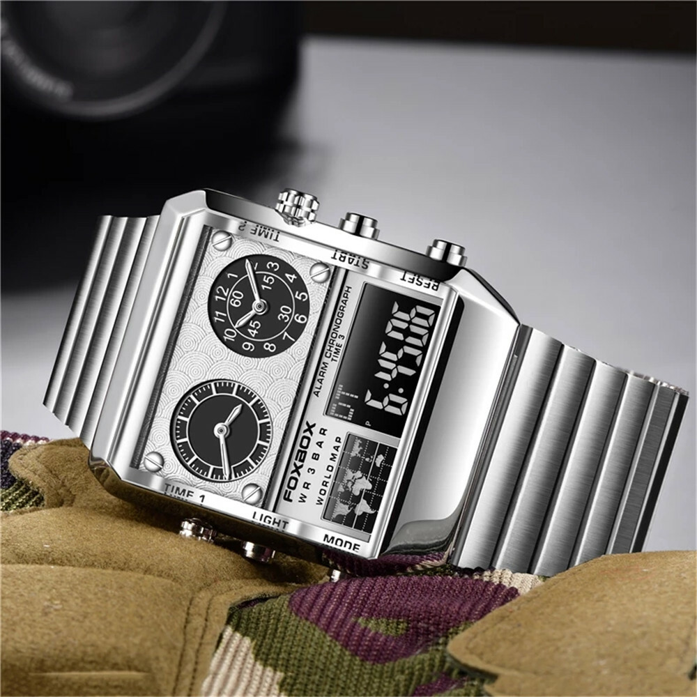 LIGE FOXBOX Men Watch Rectangle Dual Time Wristwatch Male Digital LED Watches