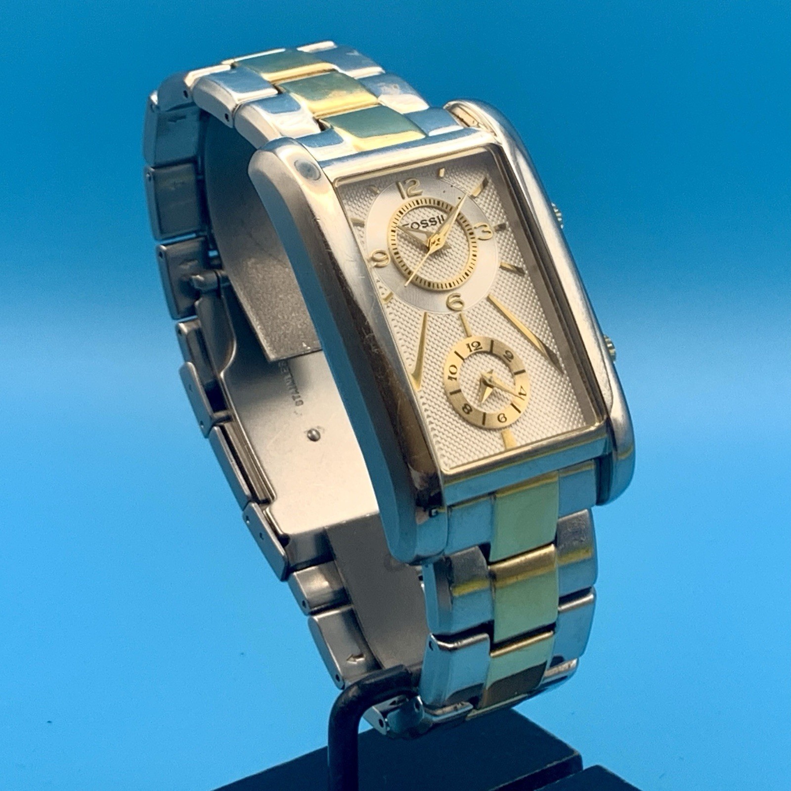 FOSSIL ARKITEKT FS-4228 Men’s Rare Dual Time Tank Watch St Steel Works New Batt
