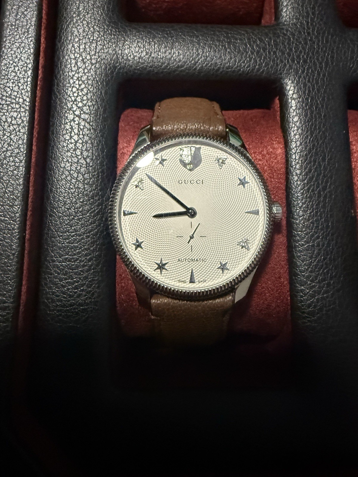 Gucci G-Timeless Automatic 38mm Silver Dial Brown Leather Strap 5 ATM