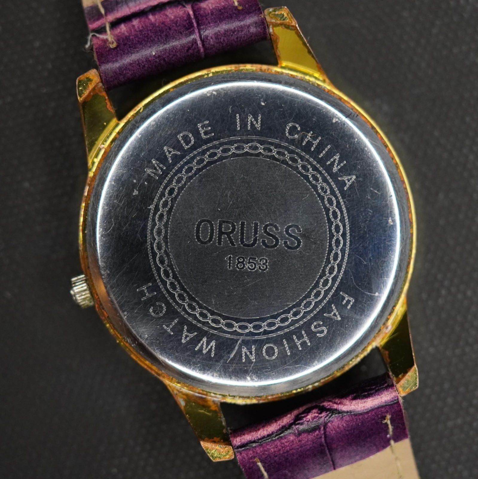 Oruss 1853 Dragon Men’s Quartz Watch Gold Tone Black Dial Purple Leather Band