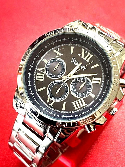 Stauer NEW SS band DIFFERENT 46mm Chrono Black & Blue dial NOT SAME AS OTHERS !!