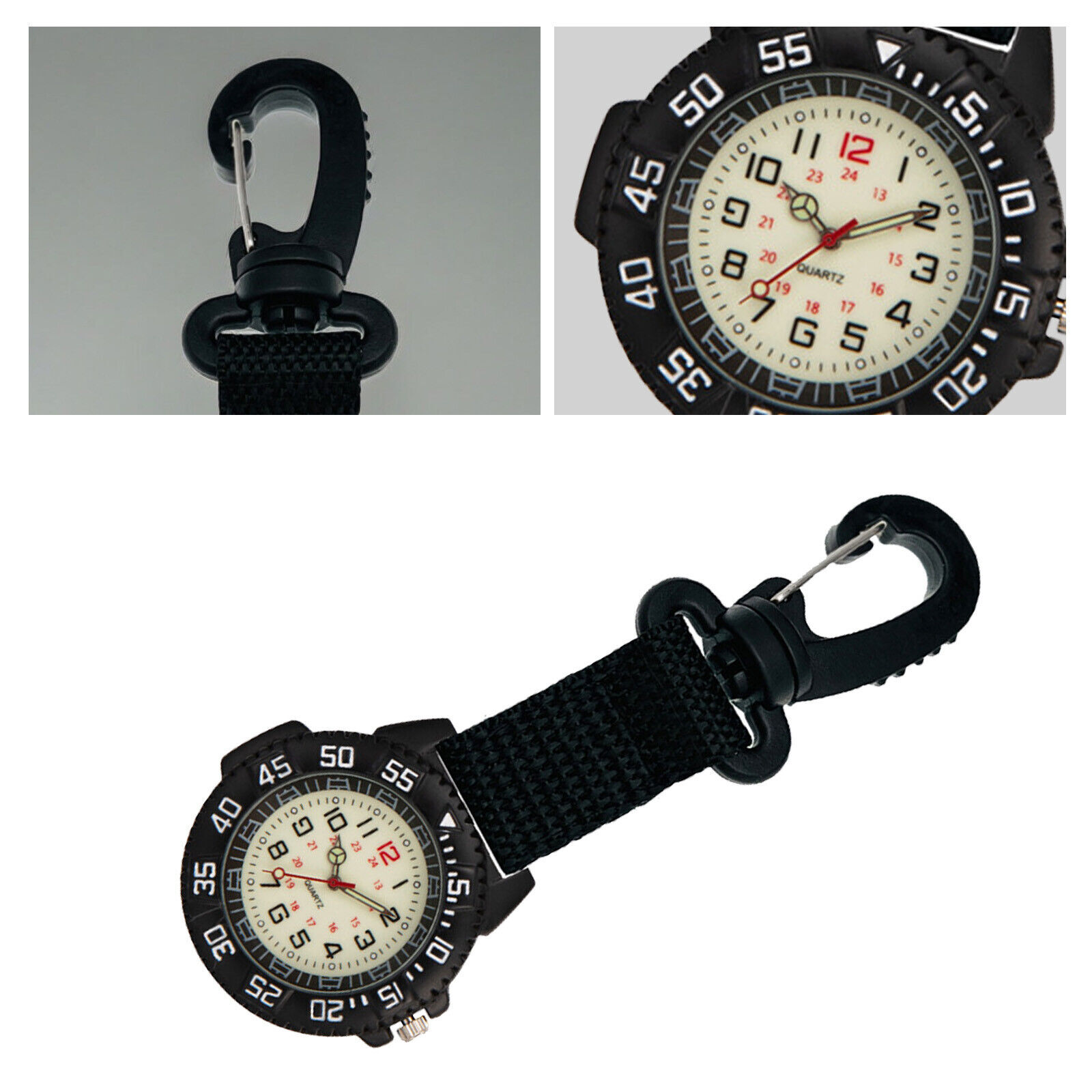 Outdoors Clip-On Carabiner Luminous Compass 24H Backpack Belt Fob Quartz WatchDV