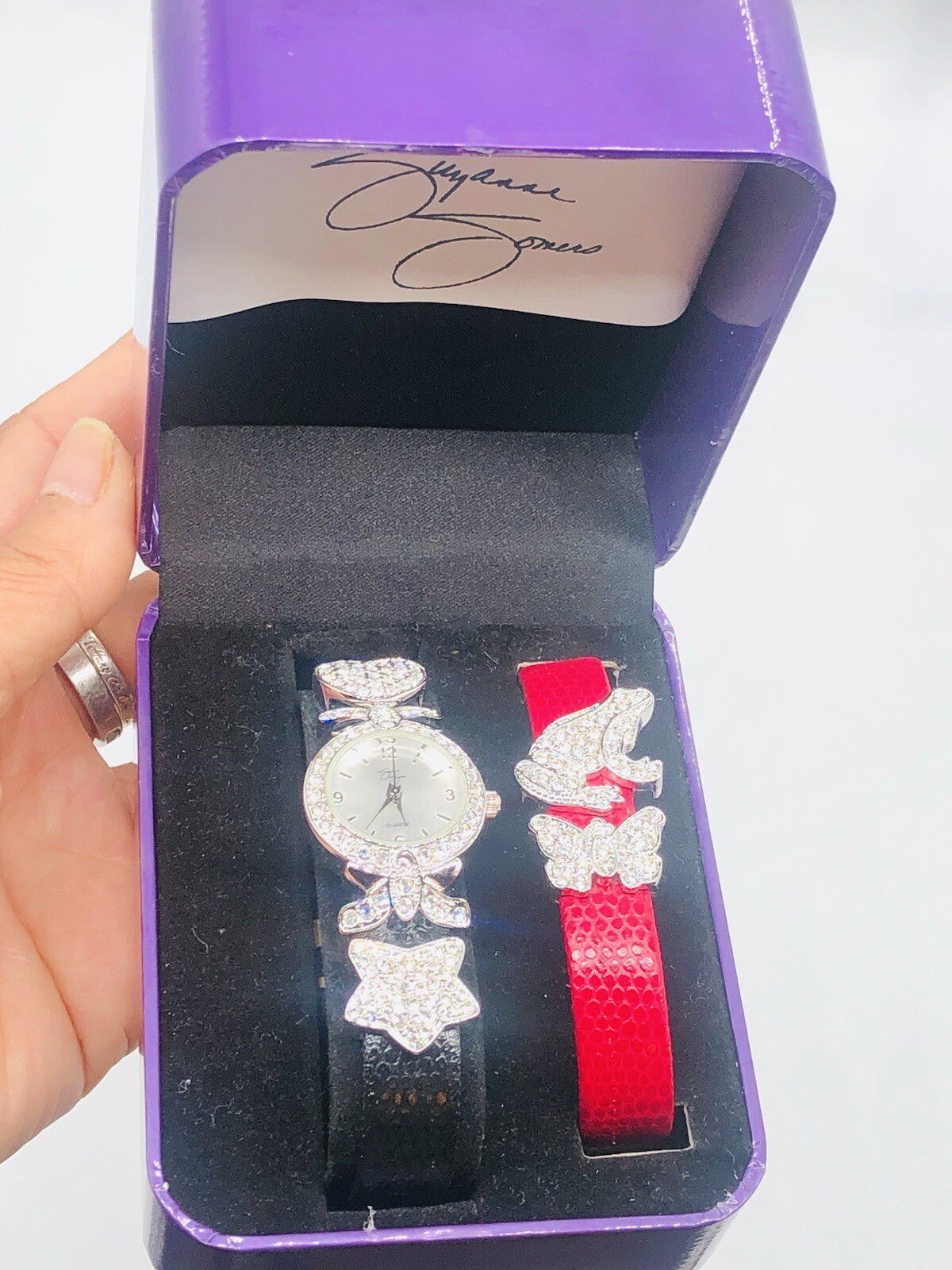 SUZANNE SOMERS Clear Frog Star Black Red Leather Bands Watch W Box Need Battery