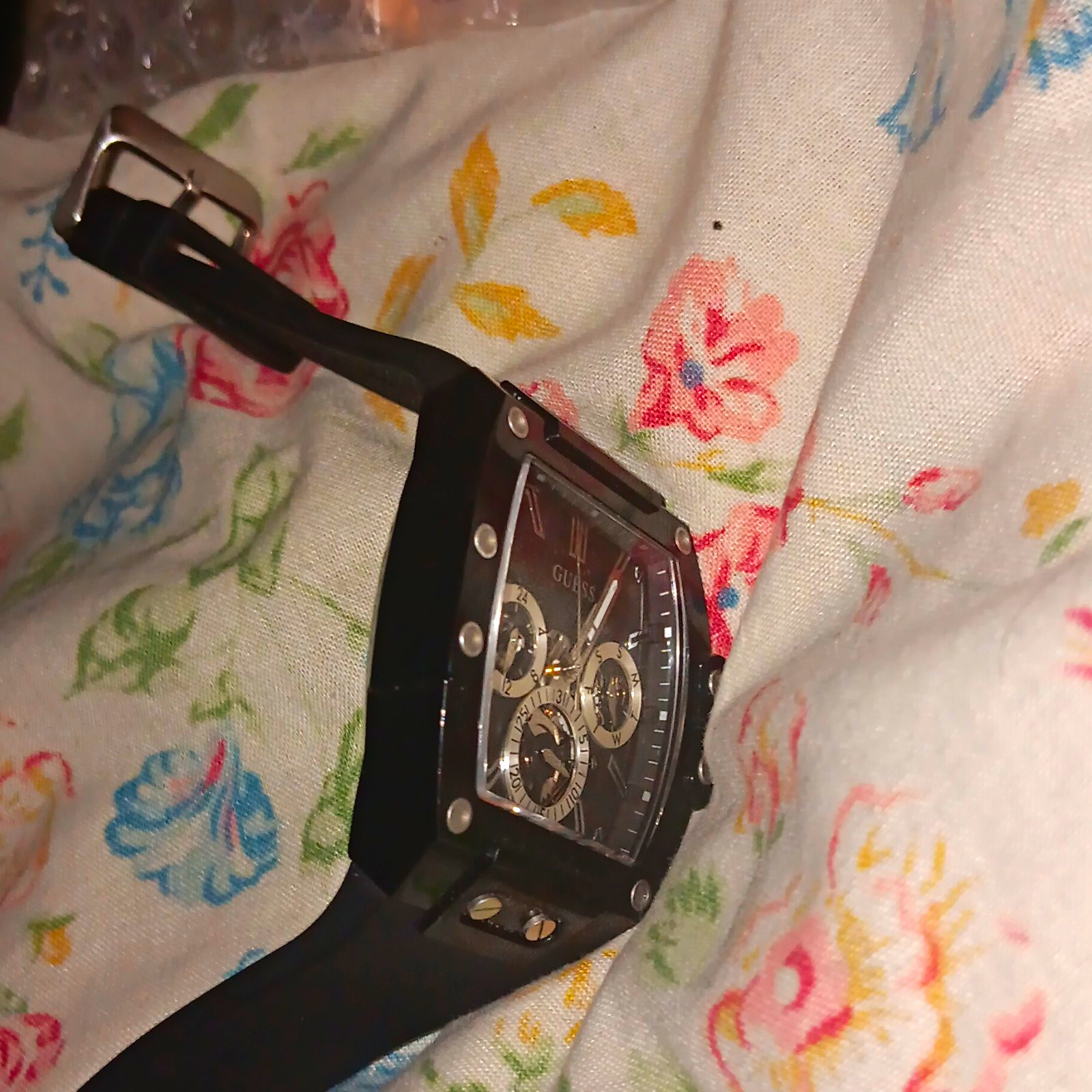 GUESS Men’s Tonneau Multi-Dial Quartz Analog Watch Black Rubber Strap