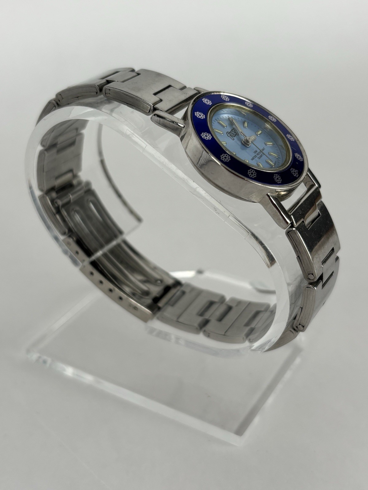 Foxy 28mm Silver Tone Blue Bezel-Dial Quartz Watch w/Bracelet & New Battery