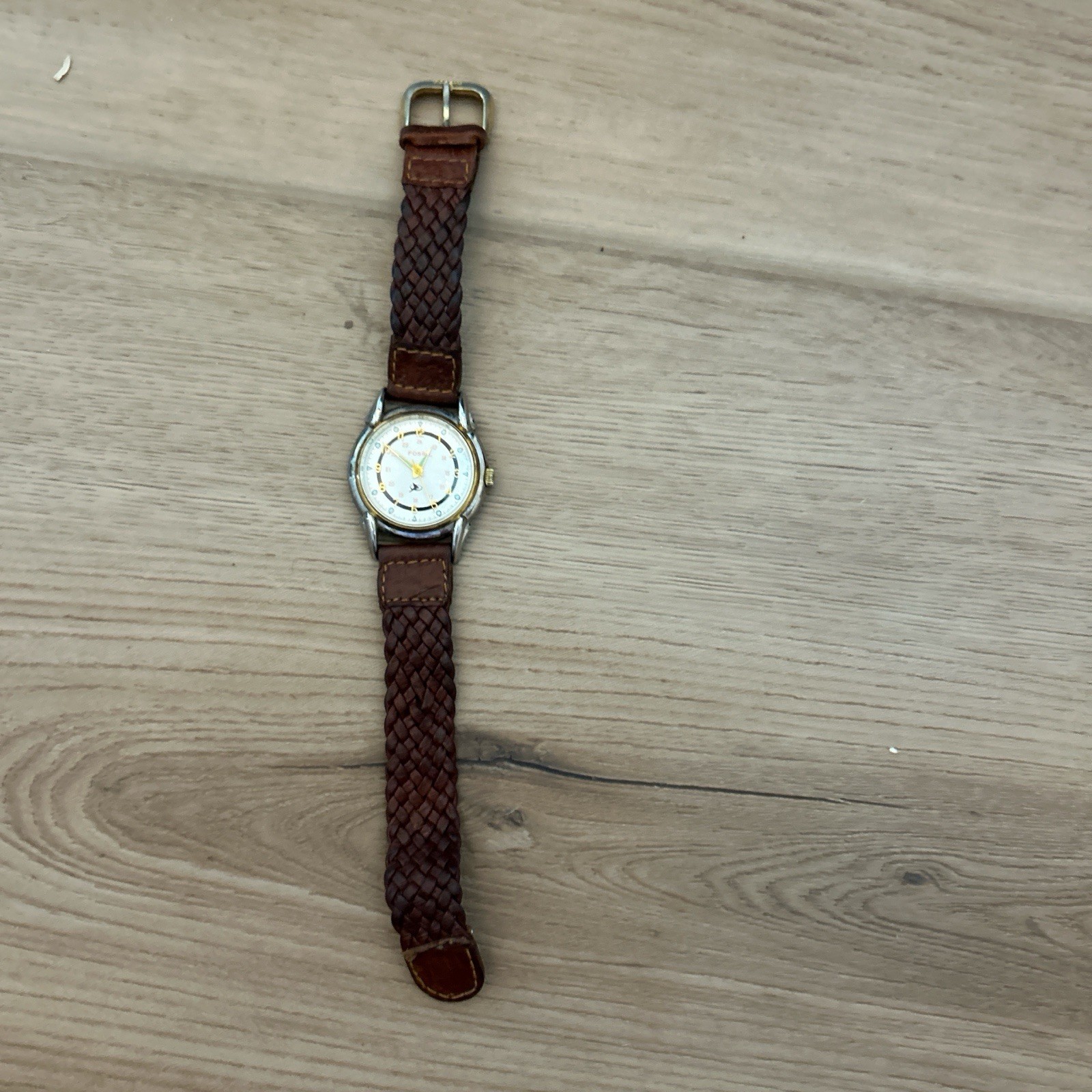 ⁠Vintage Fossil Two Tone Watch Braided Leather Strap 24Hr Military Dial Working⁠