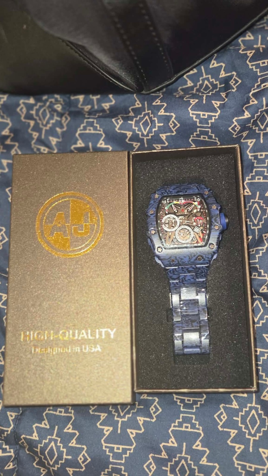 AJ Tonneau Chronograph Analog Wristwatch Blue SS Bracelet Multicolor Dial Box