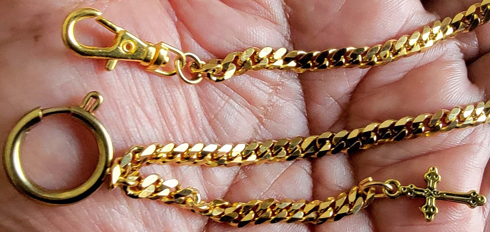 Gold Plated 12″ Inches Long Solid Pocket Watch Chain With Ornate Cross Fob
