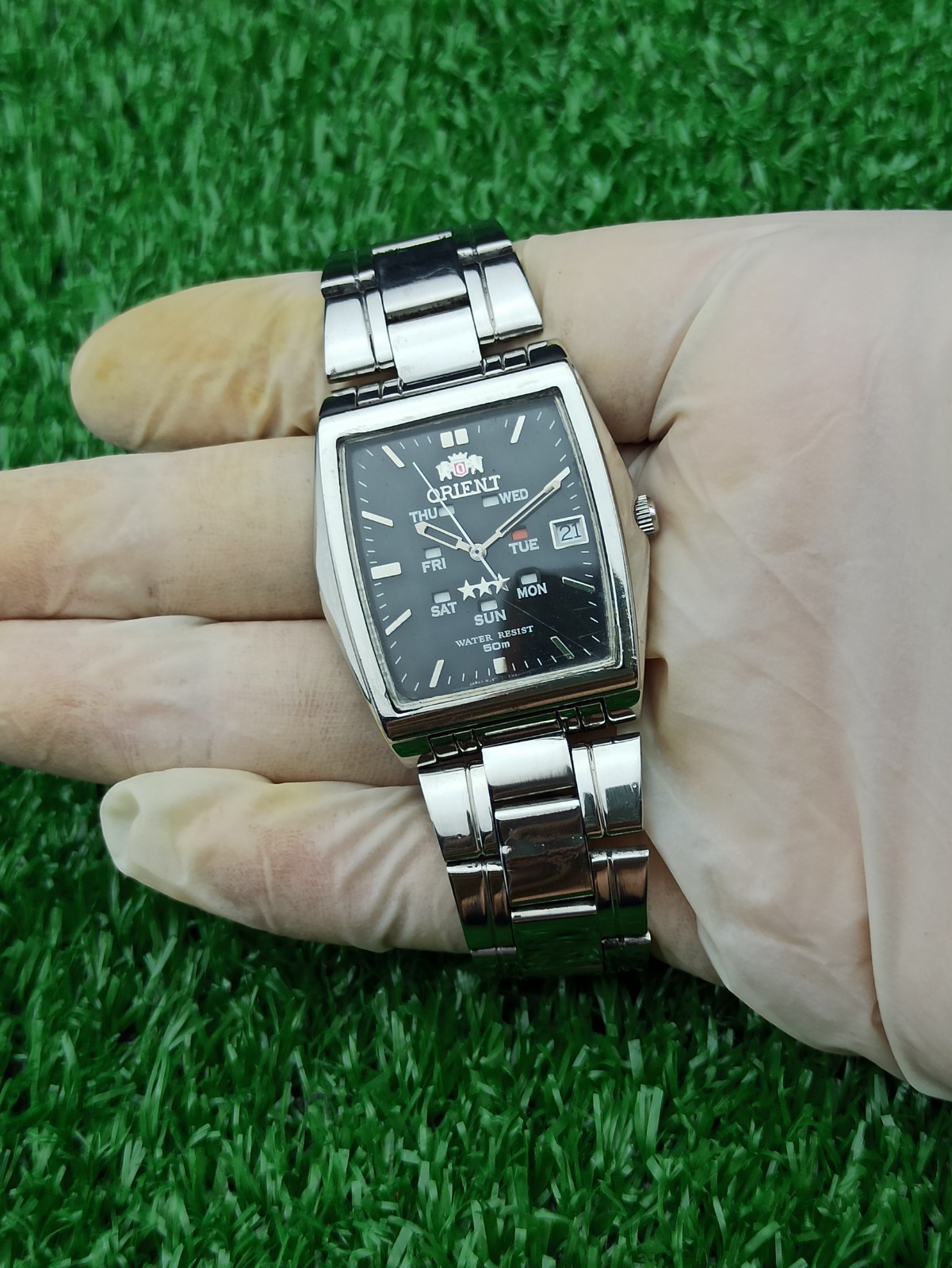 RARE Vintage Orient 3 Star Automatic Multi-Eye Day Date Rectangular Men’s Watch