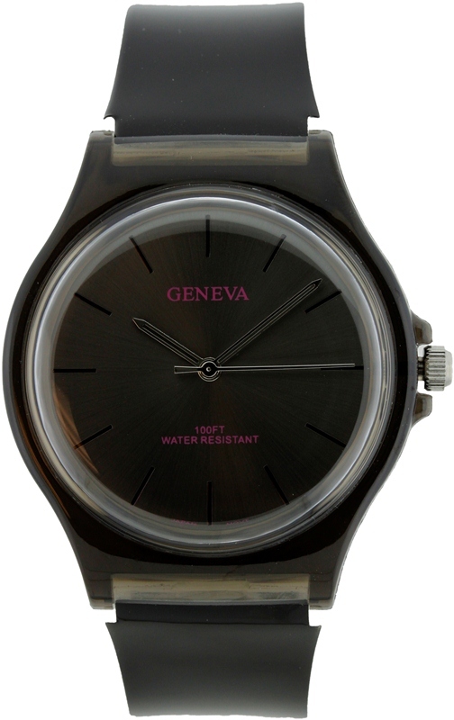 NEW GENEVA BLACK TONE+PINK ACCENT,BLACK PLASTIC,RESIN BAND ROUND WATCH