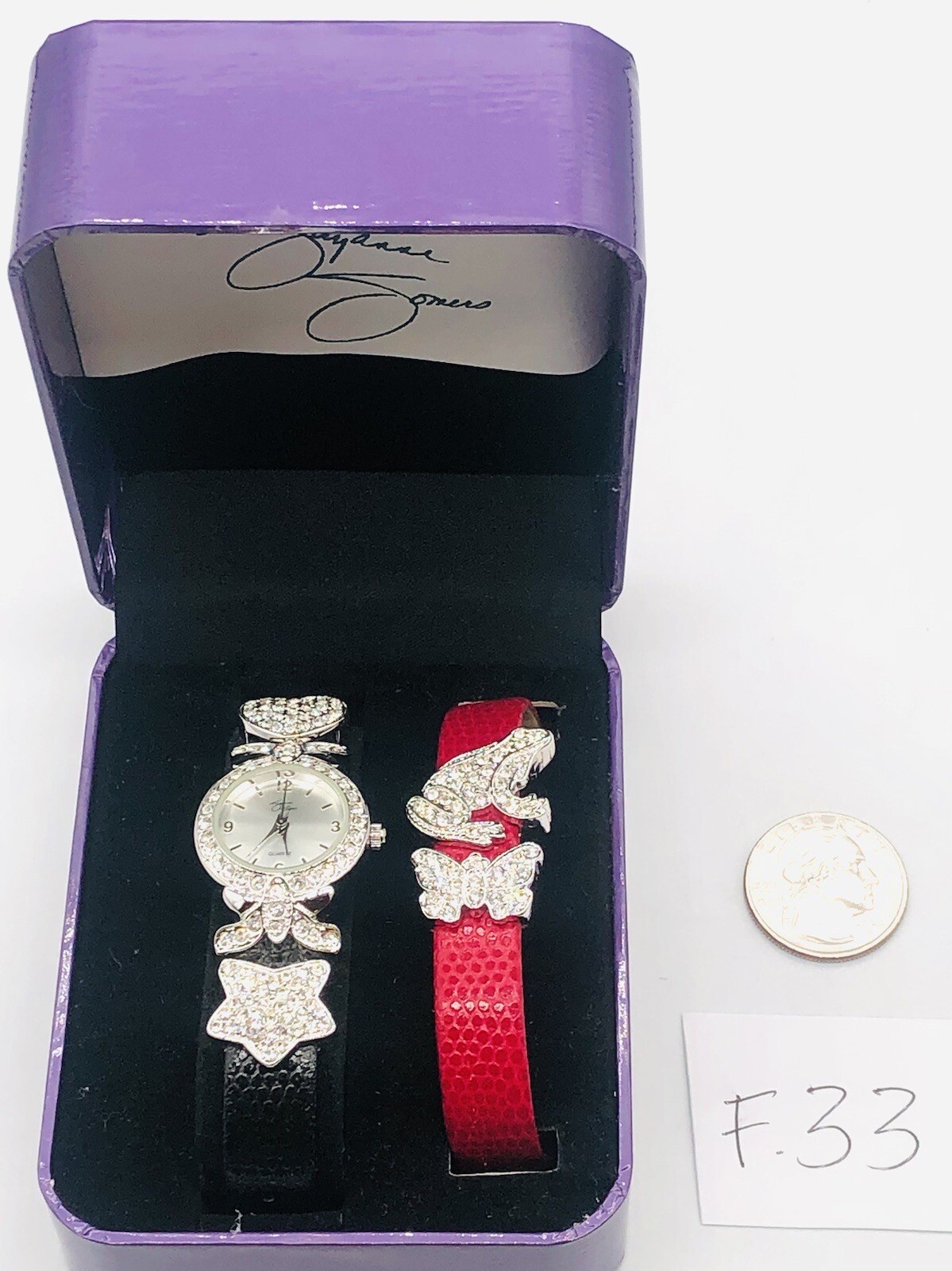 SUZANNE SOMERS Clear Frog Star Black Red Leather Bands Watch W Box Need Battery