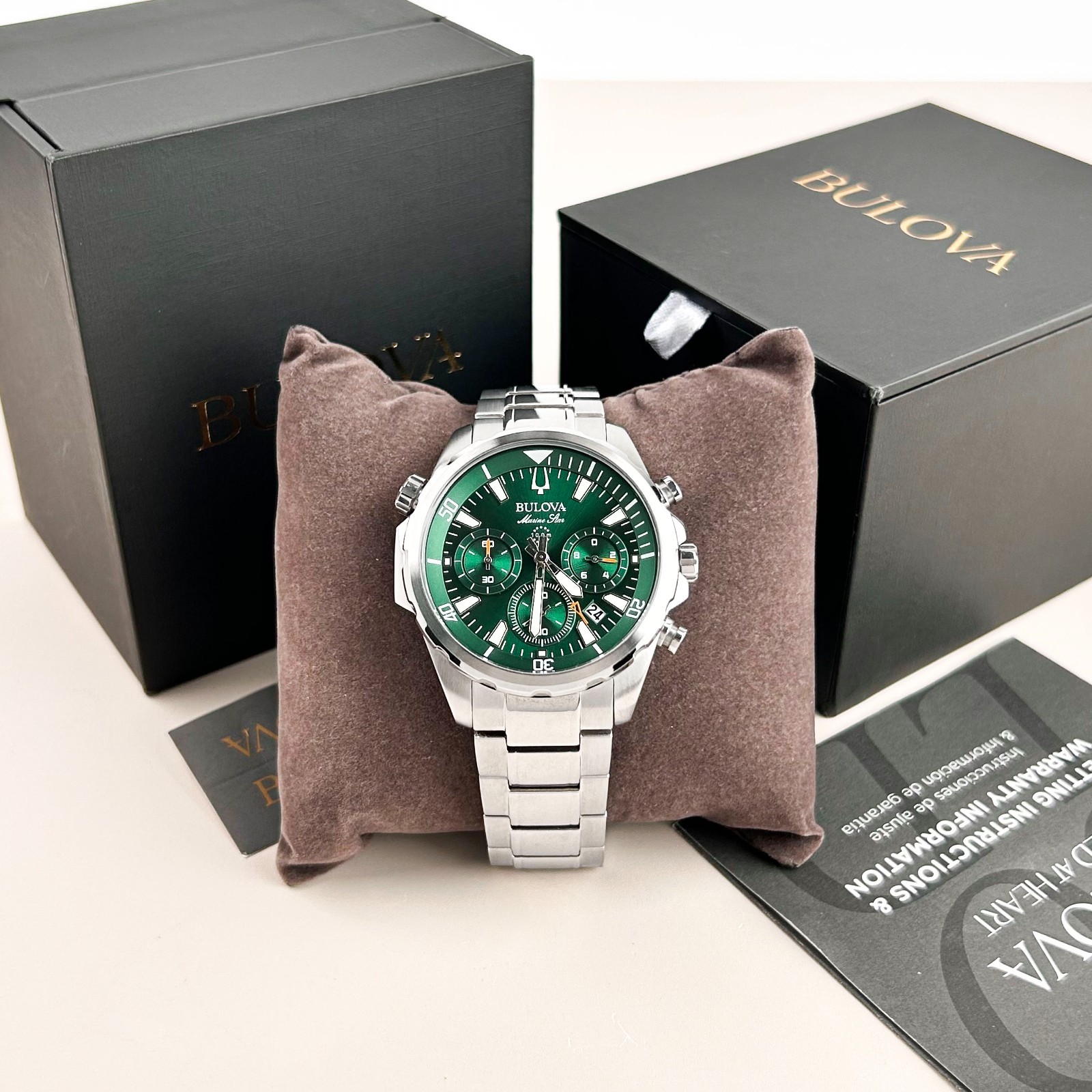 New Bulova Marine Star 96B396 Chronograph Green Dial Quartz Watch 43MM