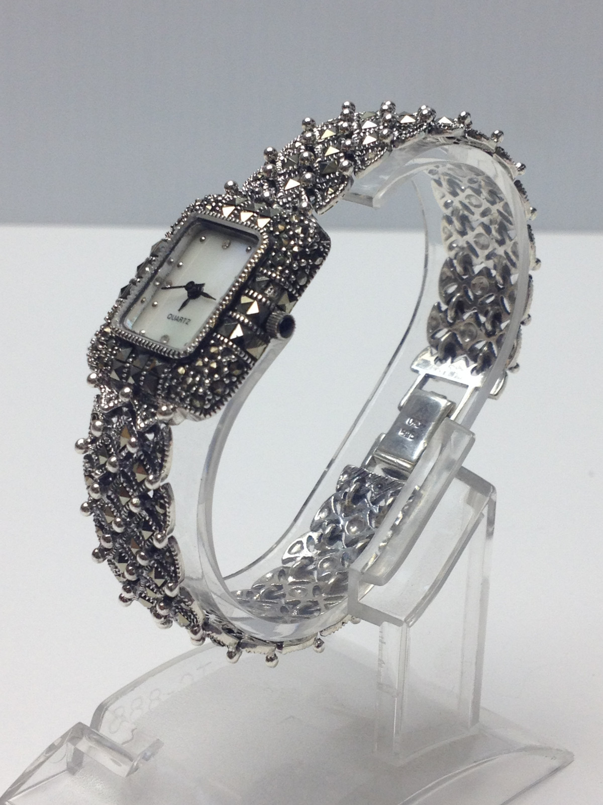 LUXURY 925 STERLING SILVER SPARKLE MARCASITE STONE MOP LADY FANCY BRACELET WATCH