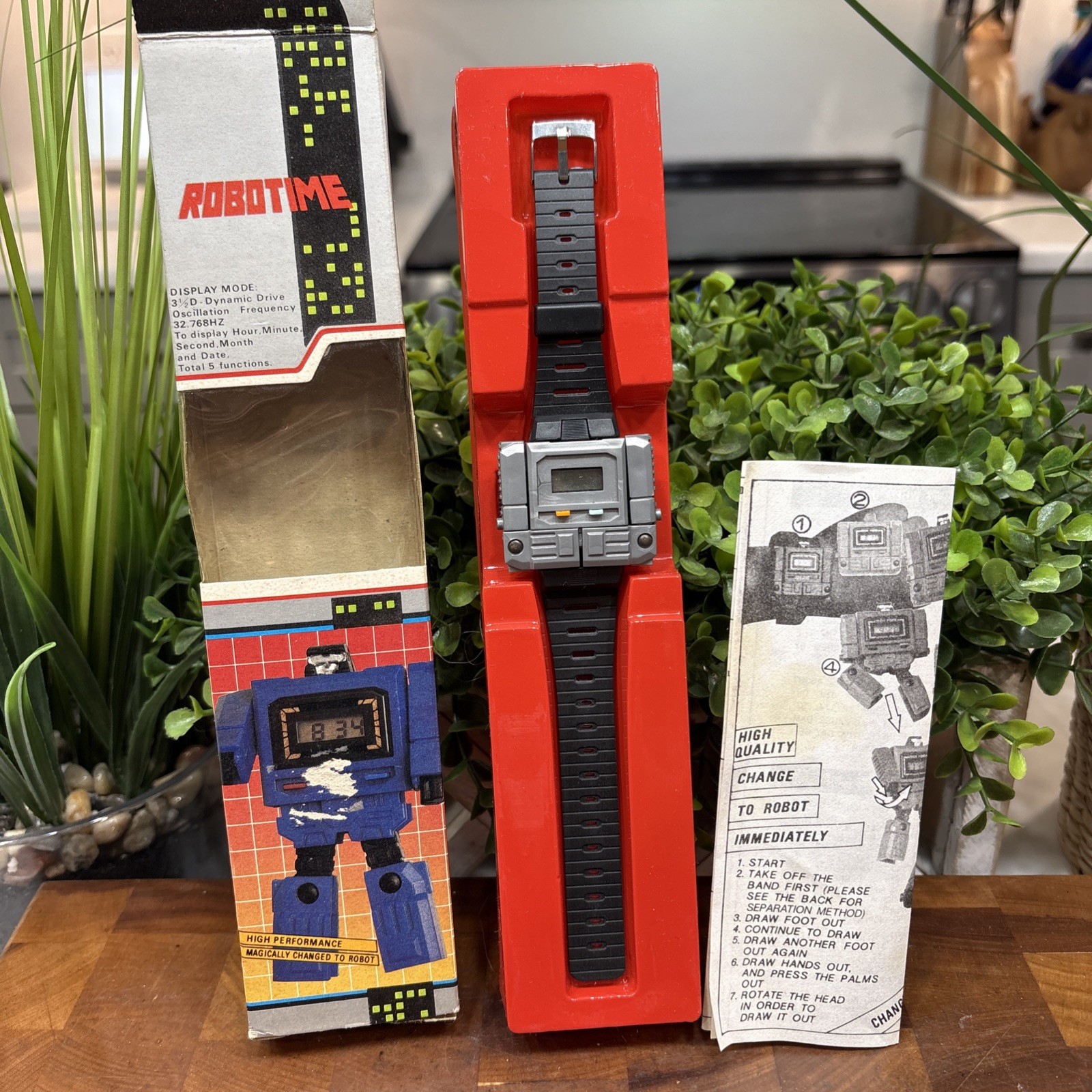 1980s Quartz Robotime Watch Gray Robot Black Band Original Packaging