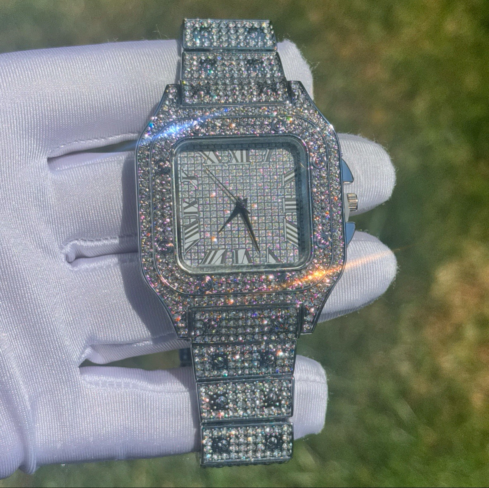 VVS Roman Numerals Square Dial Iced Out Diamond Watch Hip Hop Watch Silver Color