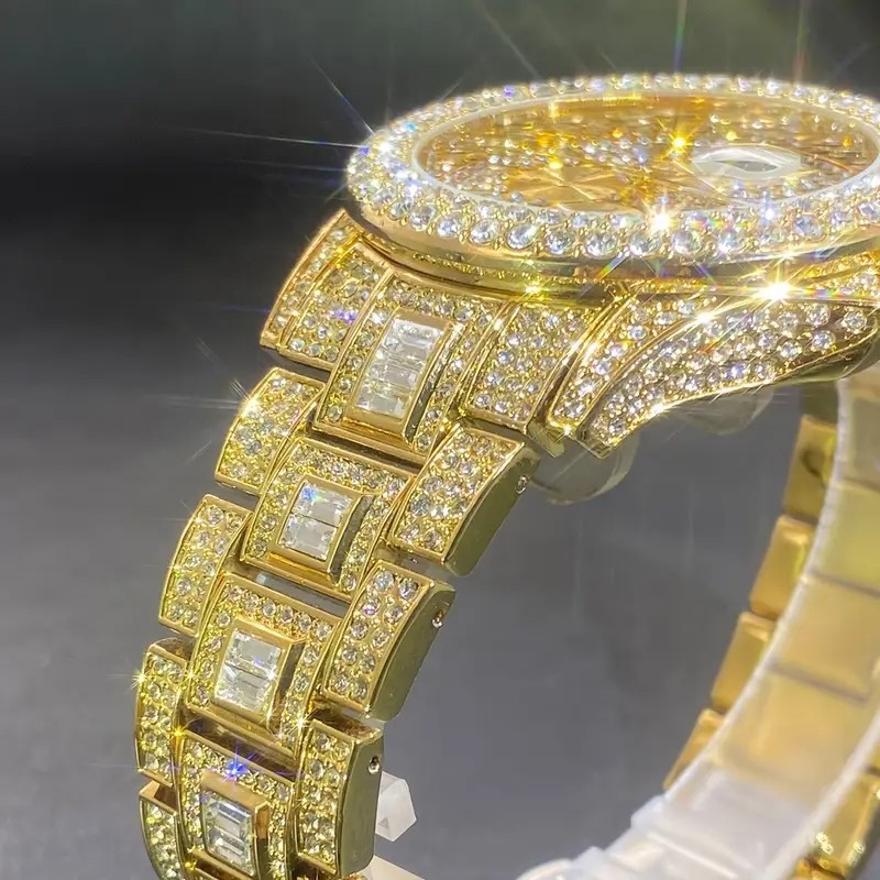 MISSFOX Hip Hop Luxury Ice Out Men’s Watch Iced King Bling Gold Cz Diamond Shine