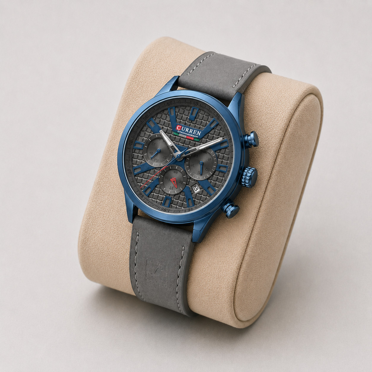 CURREN Mens Chronograph Watch Blue Gray Leather Strap Date 46mm Quartz
