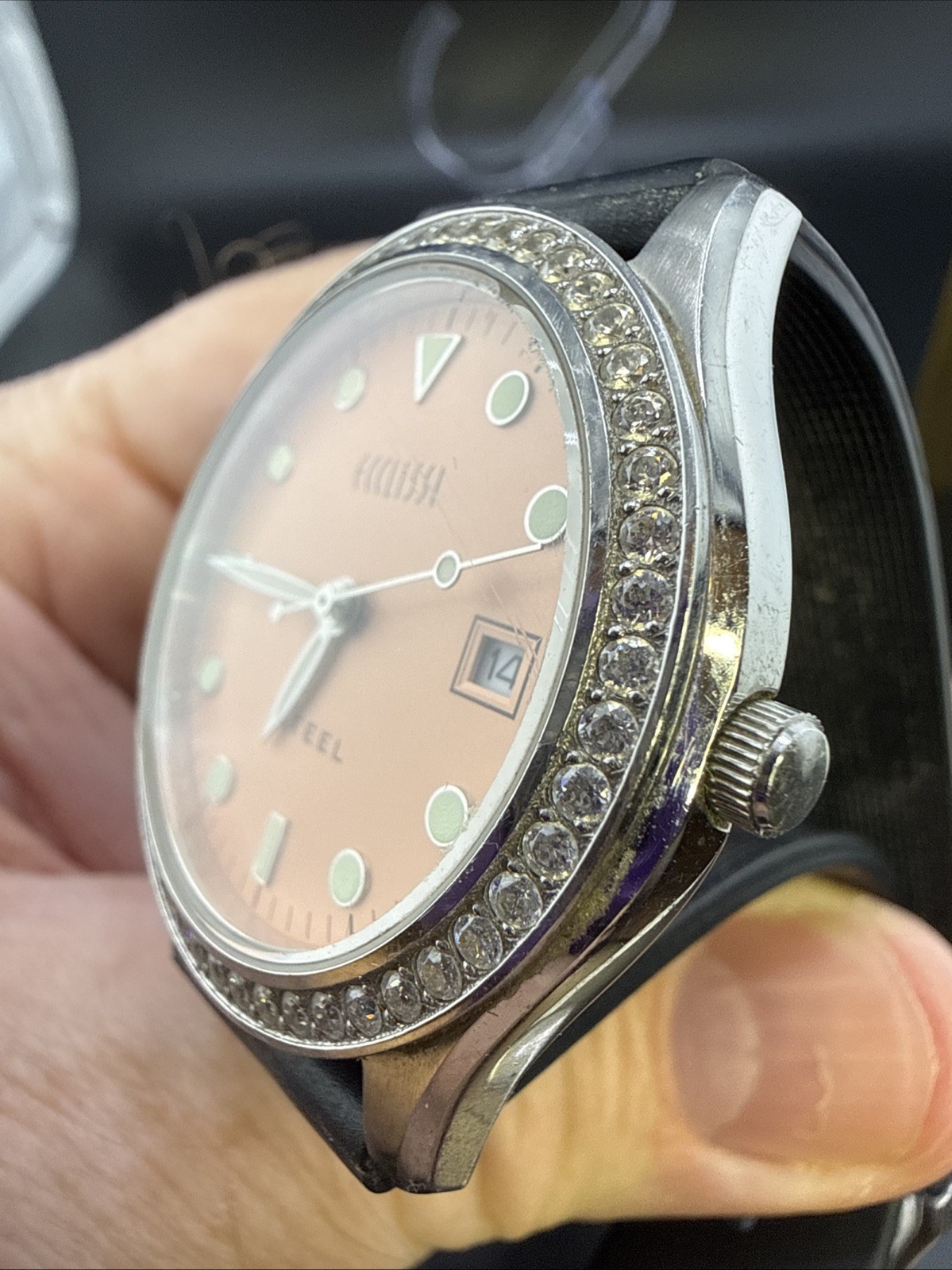 Ecclissi Watch Salmon Day Dial Gemstone Bezel 36mm Unisex Bi Fold Snap Strap